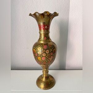 12.5” Vintage Handmade Brass Indian Antique Fluted Pedestal Flower Vase